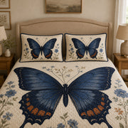 Blue Butterfly Floral Quilt Set: wider bedroom view with matching shams showing Blue Butterfly Floral