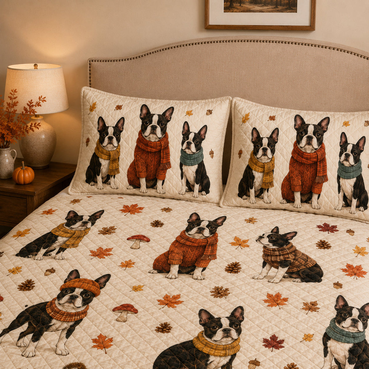 Boston Terrier Autumn Quilt Set: wider bedroom view with matching shams showing Boston Terrier Autumn