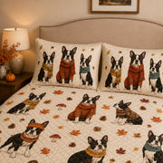 Boston Terrier Autumn Quilt Set: wider bedroom view with matching shams showing Boston Terrier Autumn