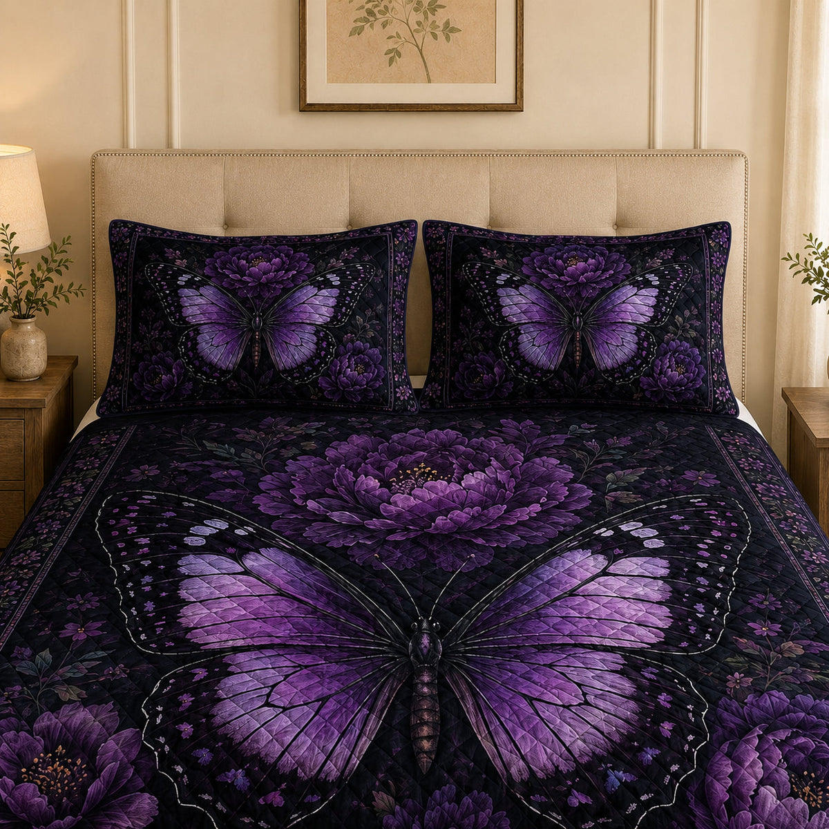 Dark Purple Butterfly Botanical Quilt Set: wider bedroom view with matching shams showing Dark Purple Butterfly Botanical