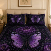 Dark Purple Butterfly Botanical Quilt Set: wider bedroom view with matching shams showing Dark Purple Butterfly Botanical