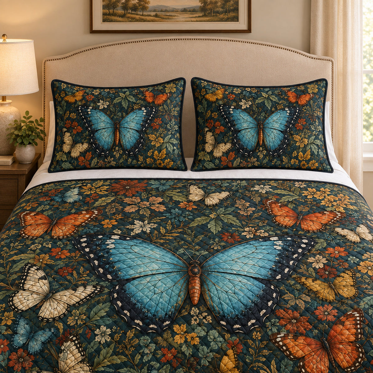 Blue Butterfly Botanical Quilt Set: wider bedroom view with matching shams showing Blue Butterfly Botanical