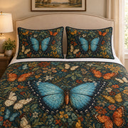 Blue Butterfly Botanical Quilt Set: wider bedroom view with matching shams showing Blue Butterfly Botanical