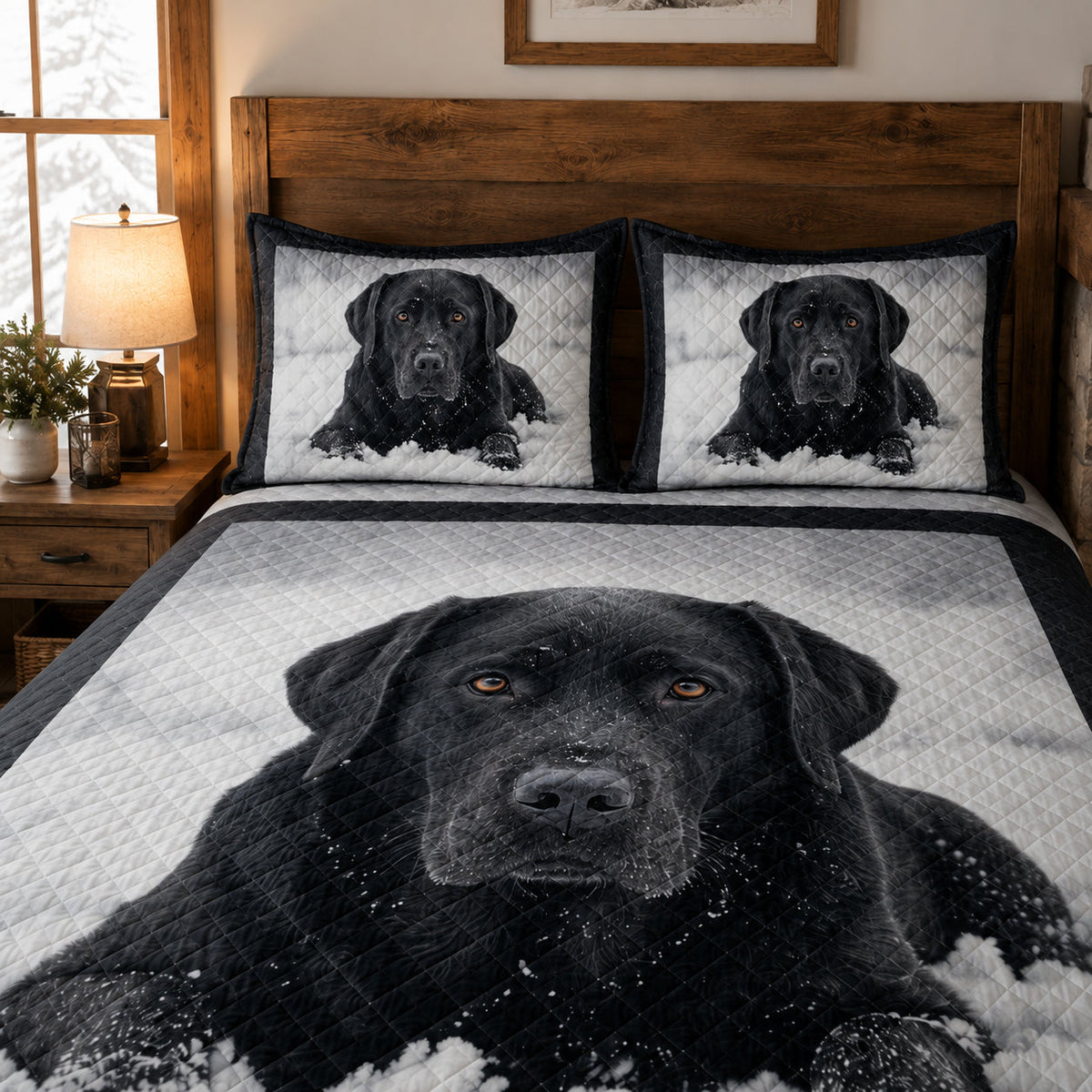 Black Labrador Winter Snow Quilt Set: wider bedroom view with matching shams showing Black Labrador Winter Snow