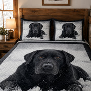 Black Labrador Winter Snow Quilt Set: wider bedroom view with matching shams showing Black Labrador Winter Snow