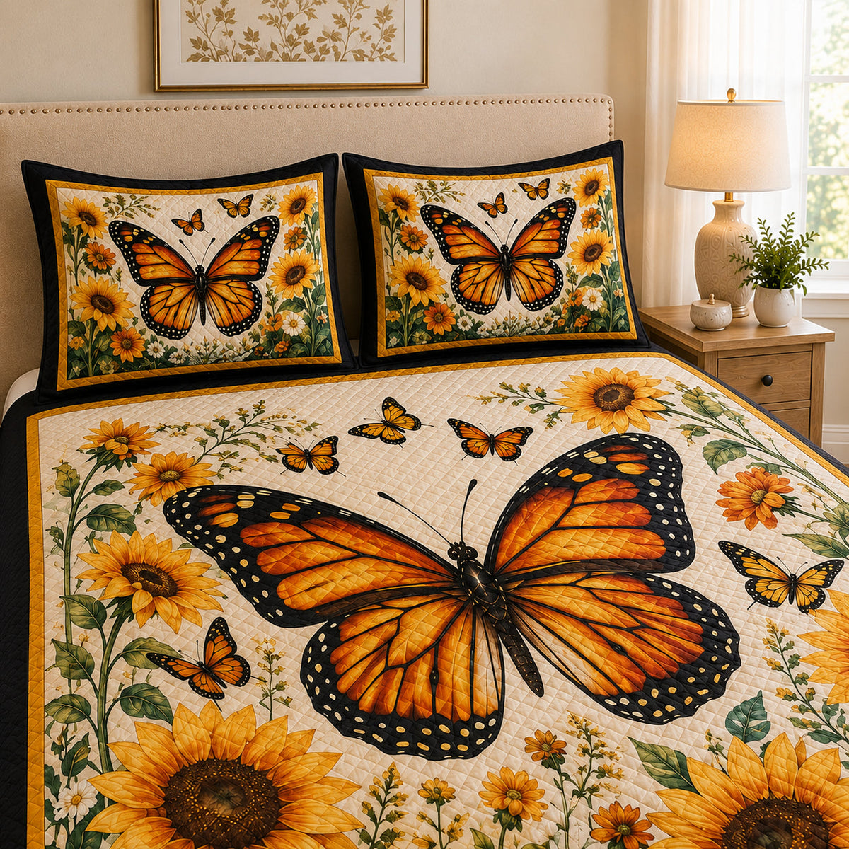 Monarch Butterfly Sunflower Quilt Set: wider bedroom view with matching shams showing Monarch Butterfly Sunflower