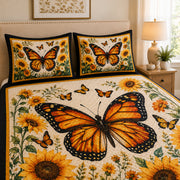 Monarch Butterfly Sunflower Quilt Set: wider bedroom view with matching shams showing Monarch Butterfly Sunflower