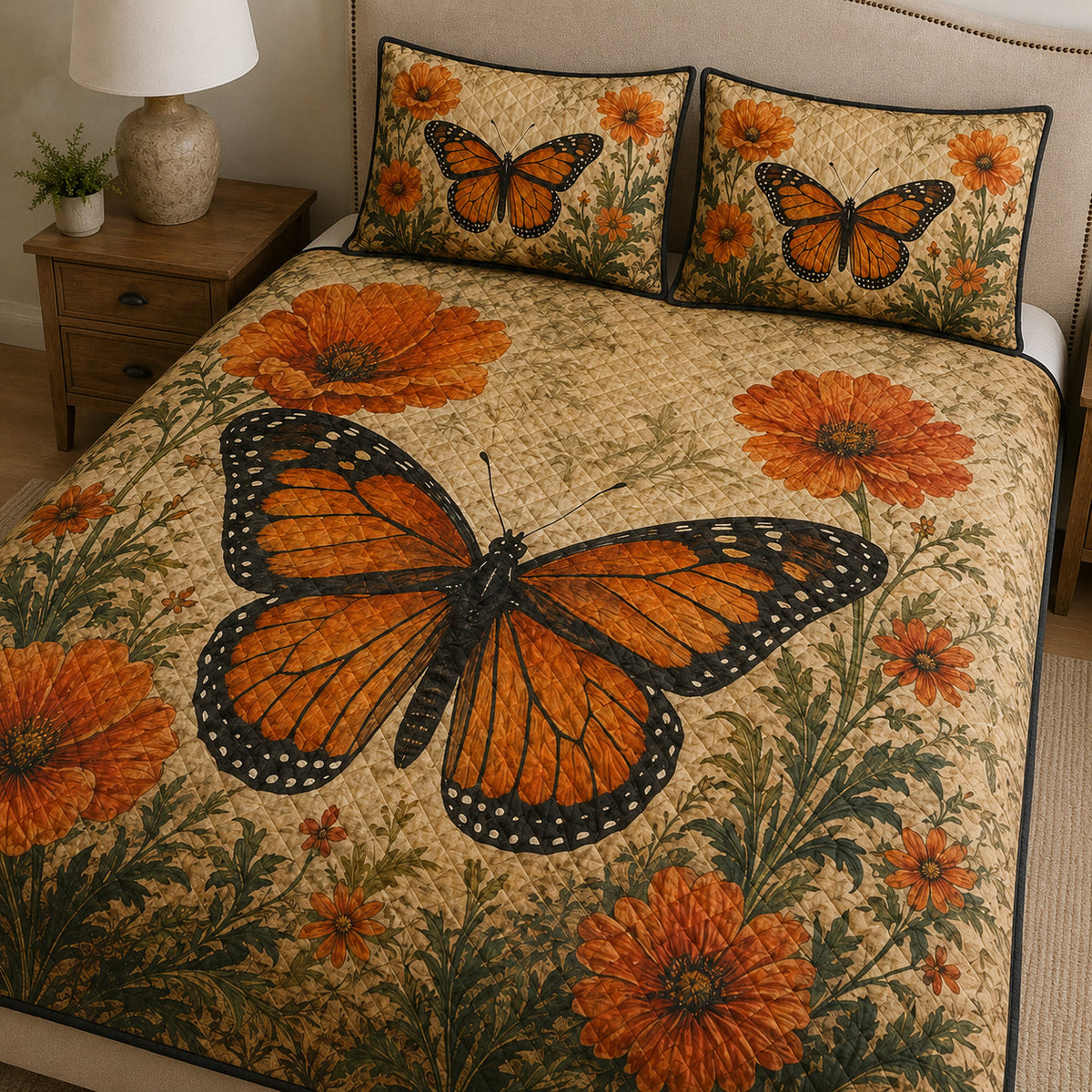 Monarch Butterfly Floral Quilt Set: close view of the quilt artwork showing Monarch Butterfly Floral