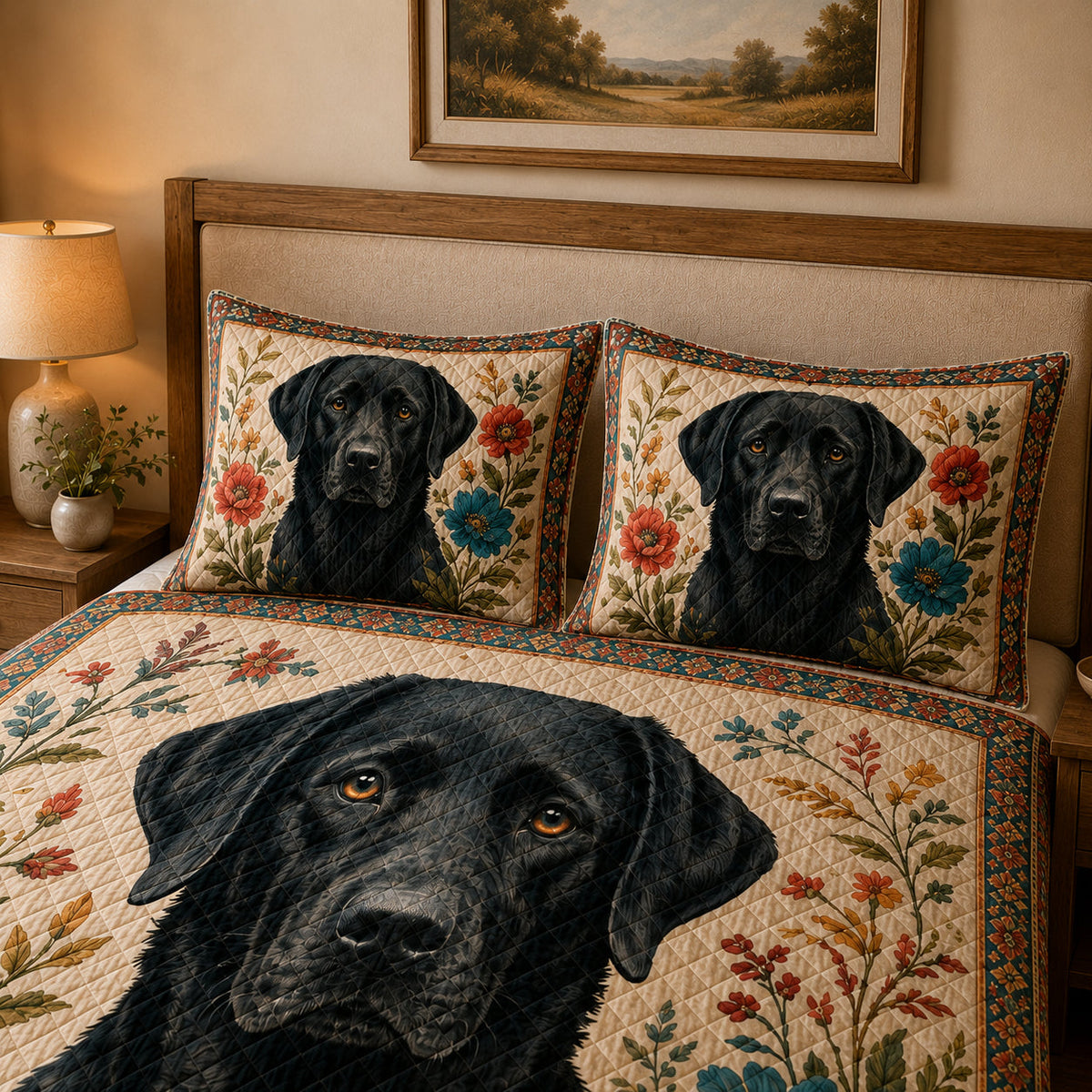 Black Labrador Floral Quilt Set: angled bedroom view showing Black Labrador Floral