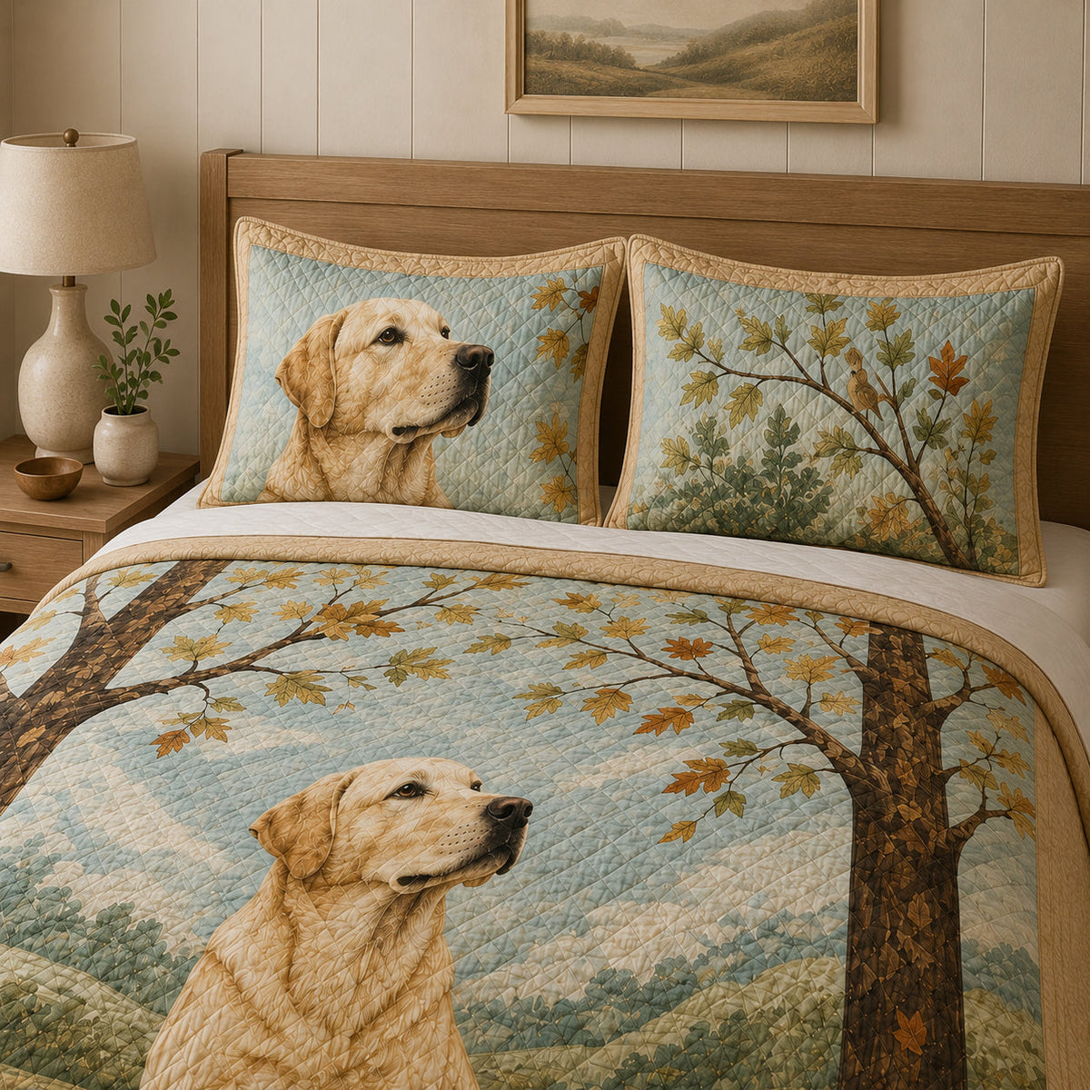 Golden Retriever Mountain Lake Fall Quilt Set: angled bedroom view showing Golden Retriever Mountain Lake Fall