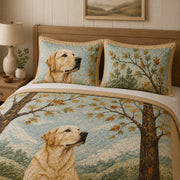 Golden Retriever Mountain Lake Fall Quilt Set: angled bedroom view showing Golden Retriever Mountain Lake Fall