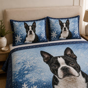 Boston Terrier Winter Snowflake Quilt Set: angled bedroom view showing Boston Terrier Winter Snowflake