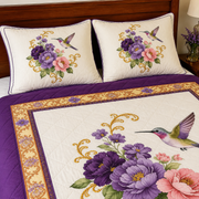 Hummingbird Floral Quilt Bedding Set, Purple Peony Flower Bedspread, Vintage Botanical Bedroom Decor
