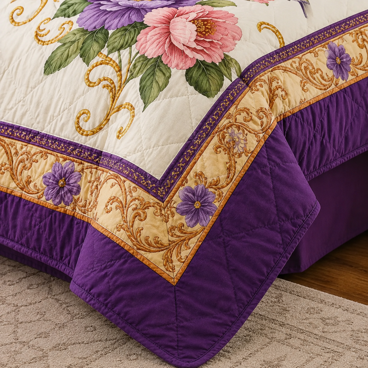 Hummingbird Floral Quilt Bedding Set, Purple Peony Flower Bedspread, Vintage Botanical Bedroom Decor