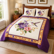 Hummingbird Floral Quilt Bedding Set, Purple Peony Flower Bedspread, Vintage Botanical Bedroom Decor