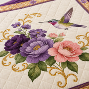 Hummingbird Floral Quilt Bedding Set, Purple Peony Flower Bedspread, Vintage Botanical Bedroom Decor