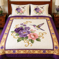 Hummingbird Floral Quilt Bedding Set, Purple Peony Flower Bedspread, Vintage Botanical Bedroom Decor