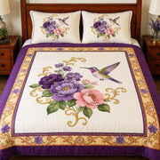 Hummingbird Floral Quilt Bedding Set, Purple Peony Flower Bedspread, Vintage Botanical Bedroom Decor