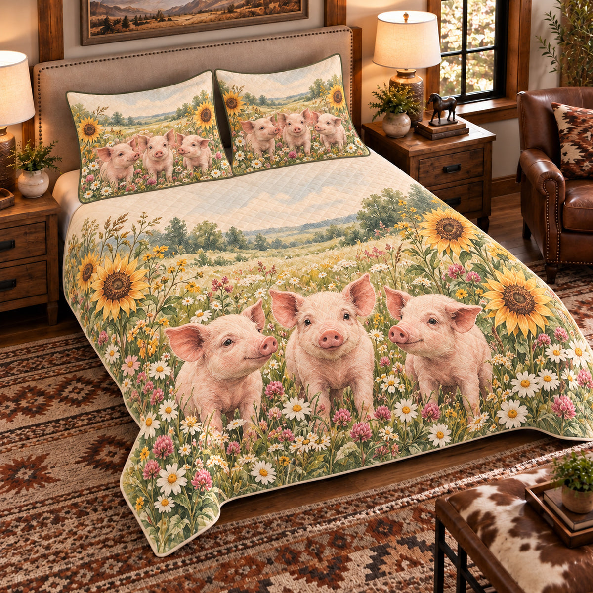 Pig and piglet wildflower meadow quilt set, left-angle hero