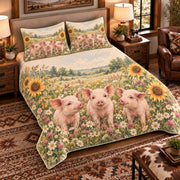 Pig and piglet wildflower meadow quilt set, left-angle hero