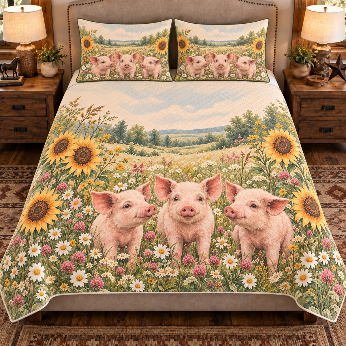 Pig & Piglet Wildflower Meadow quilt set — front view