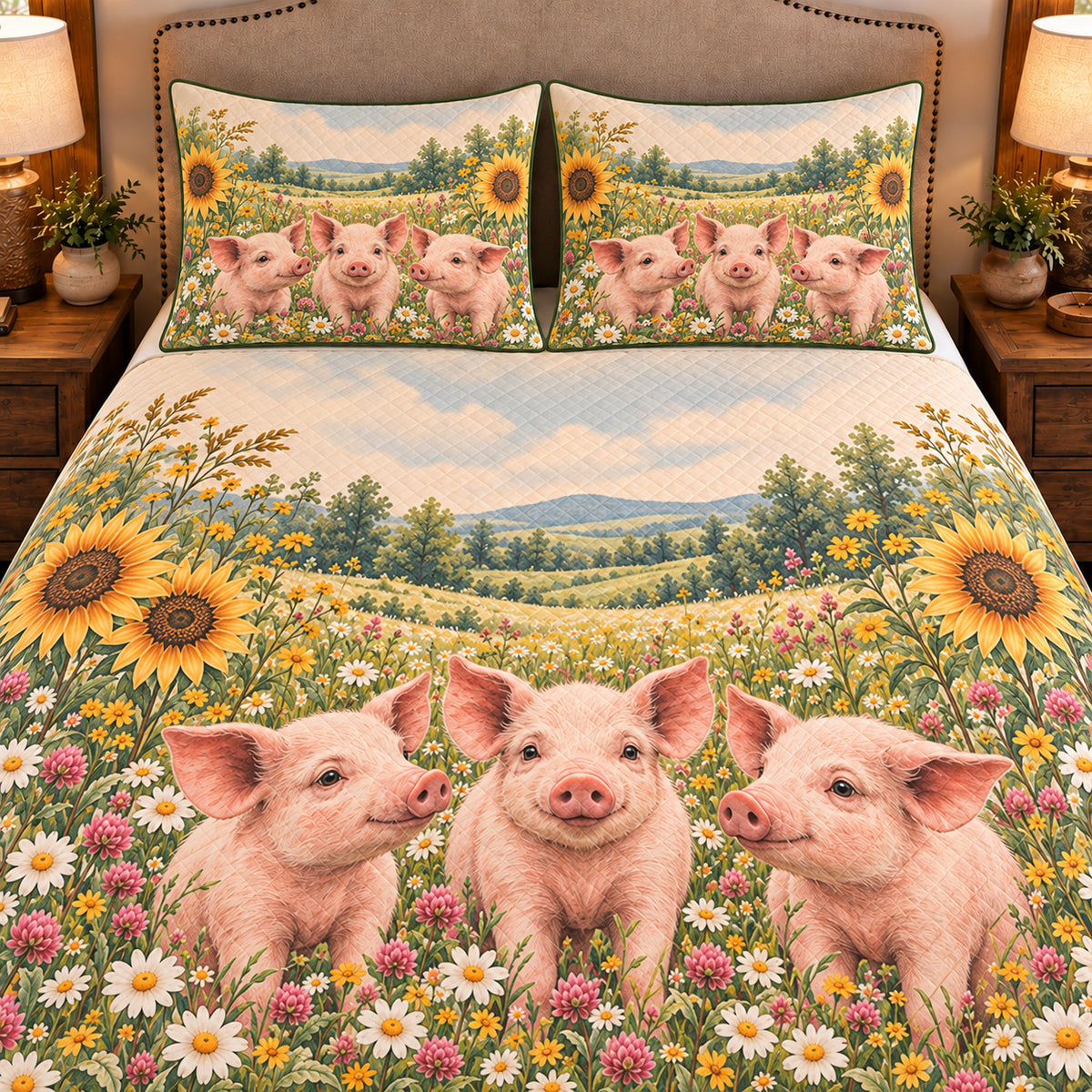 Pig & Piglet Wildflower Meadow quilt set — close-up