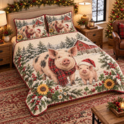 Pig & Piglet Christmas Farm quilt set — left-angle hero
