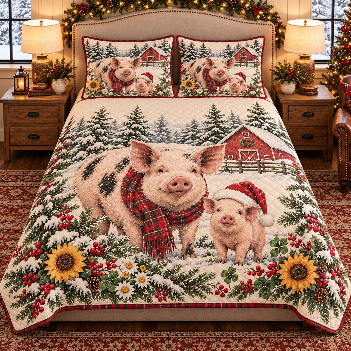 Pig & Piglet Christmas Farm quilt set — front view