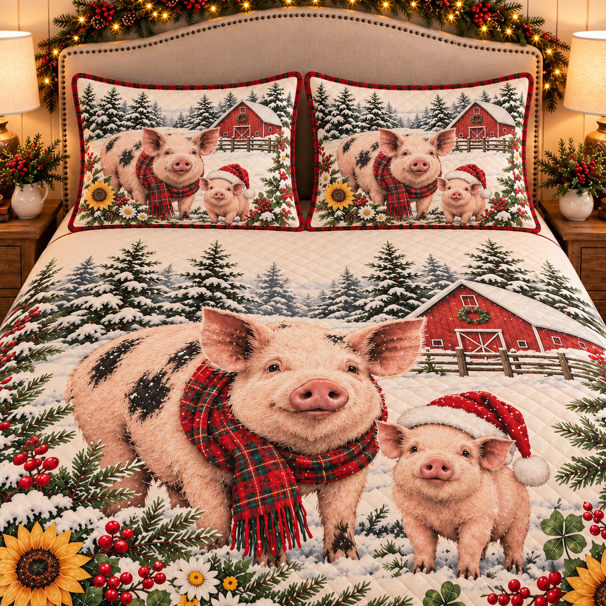 Pig & Piglet Christmas Farm quilt set — close-up
