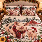 Pig & Piglet Christmas Farm quilt set — close-up