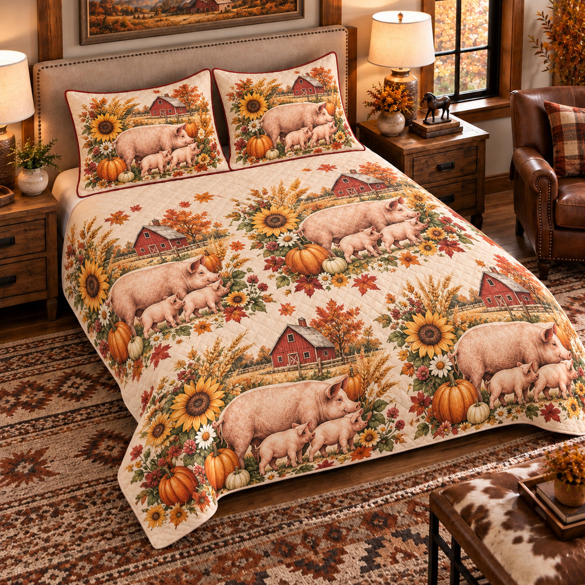 Pig & Piglet Autumn Harvest quilt set — left-angle hero