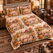 Pig & Piglet Autumn Harvest quilt set — left-angle hero