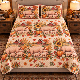 Pig and Piglet Autumn Harvest Quilt Set, Farmhouse Bedding Gift for Animal Lovers