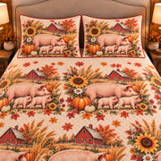 Pig & Piglet Autumn Harvest quilt set — close-up