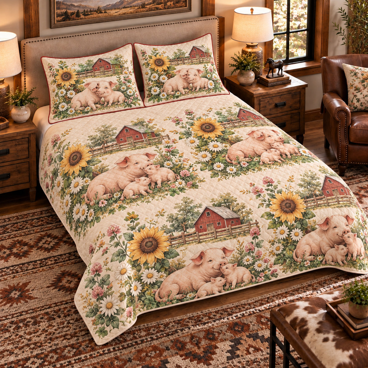 Pig & Piglet Nursery Storybook quilt set — left-angle hero