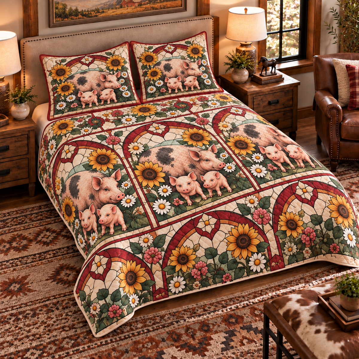 Pig & Piglet Stained Glass Garden quilt set — left-angle hero