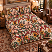 Pig & Piglet Stained Glass Garden quilt set — left-angle hero