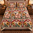 Pig and Piglet Stained Glass Garden Quilt Set, Farmhouse Bedding Gift for Animal Lovers