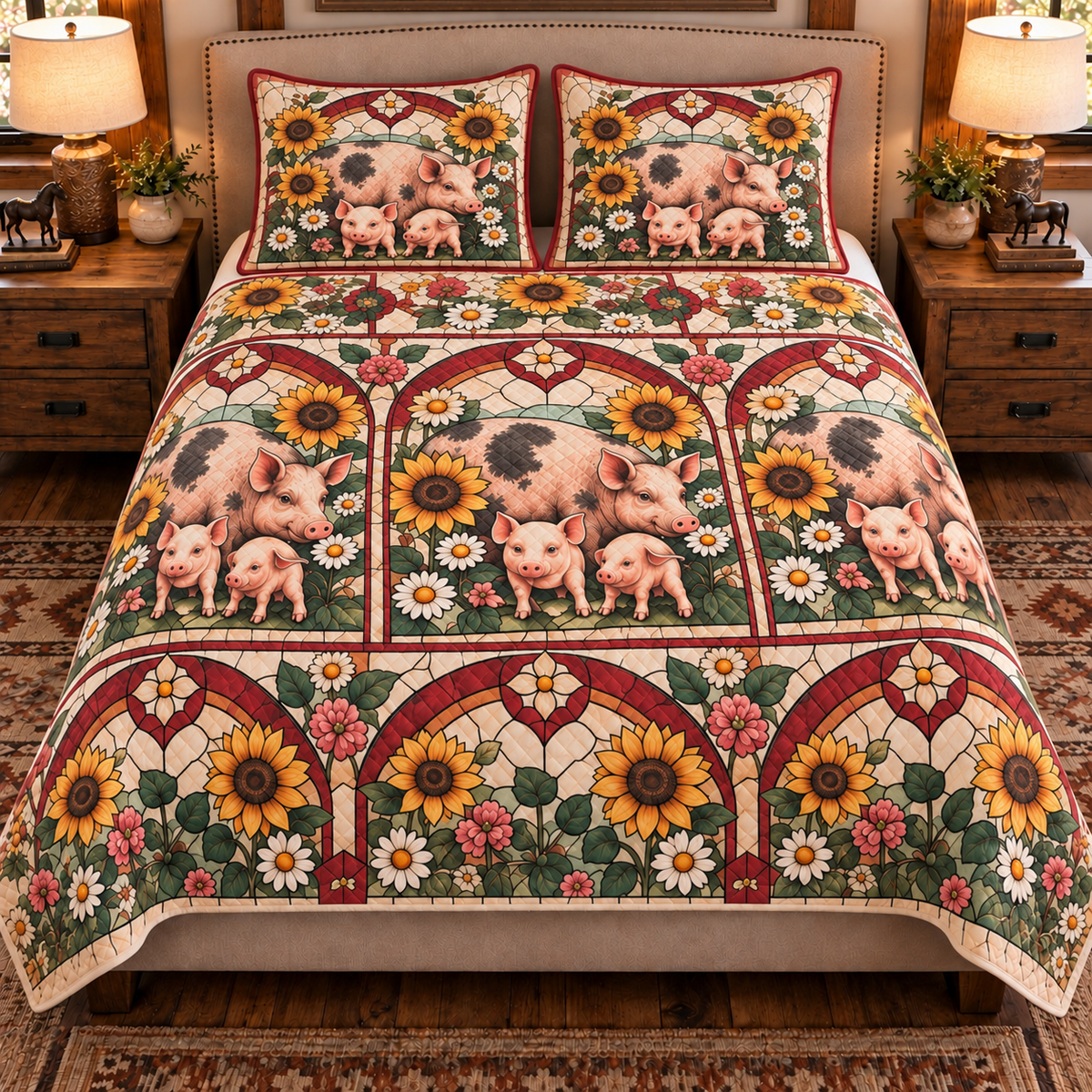 Pig & Piglet Stained Glass Garden quilt set — front view