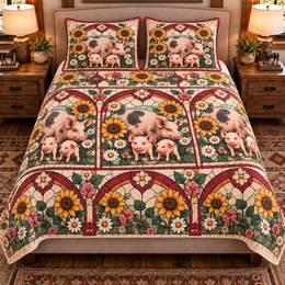 Pig and Piglet Stained Glass Garden Quilt Set, Farmhouse Bedding Gift for Animal Lovers