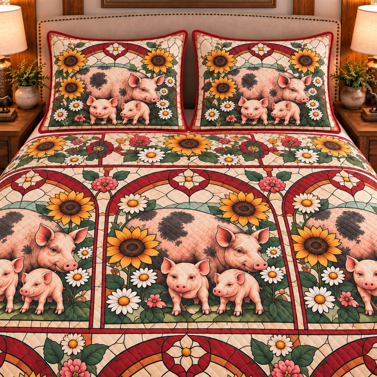 Pig & Piglet Stained Glass Garden quilt set — close-up