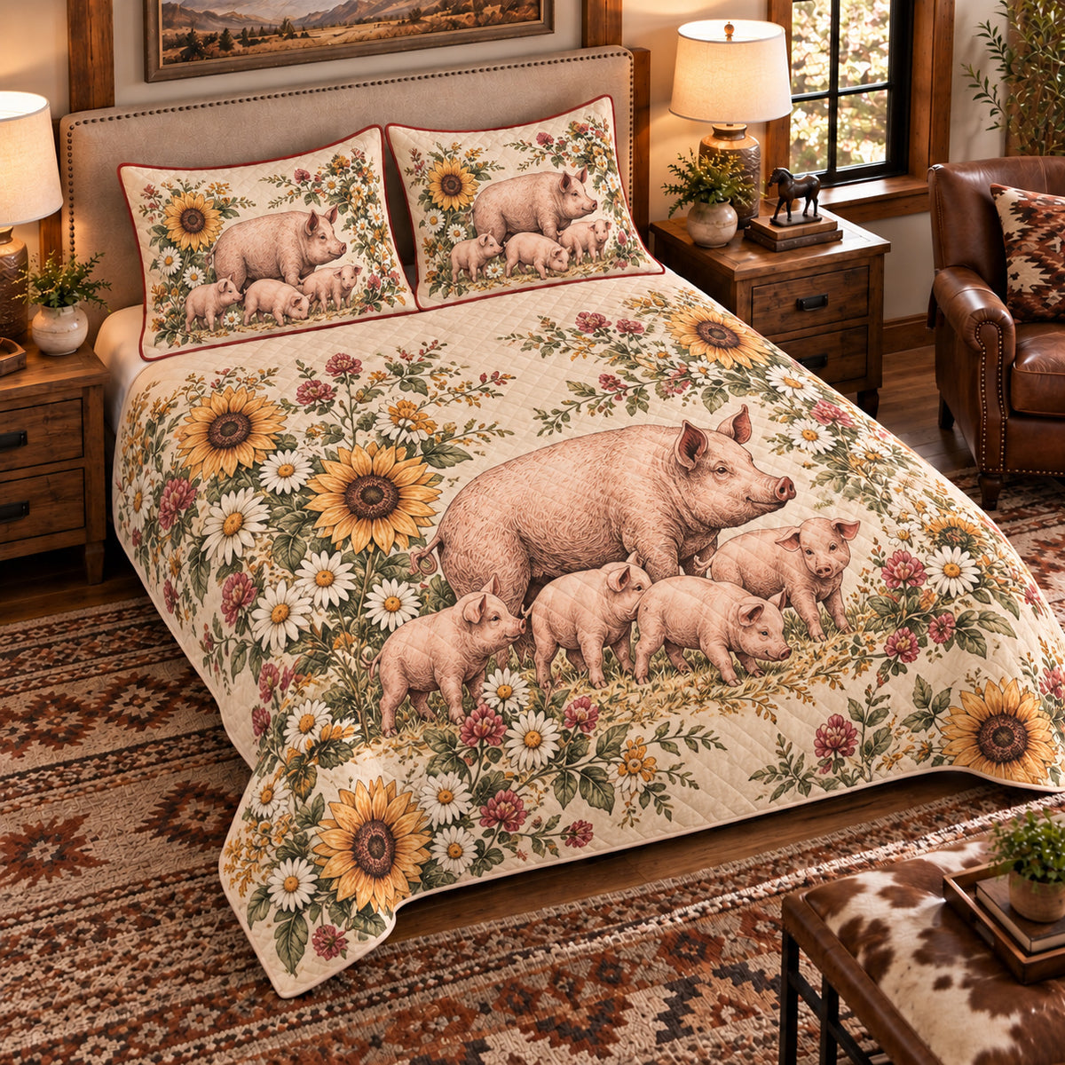 Pig & Piglet Vintage Field Guide quilt set — left-angle hero