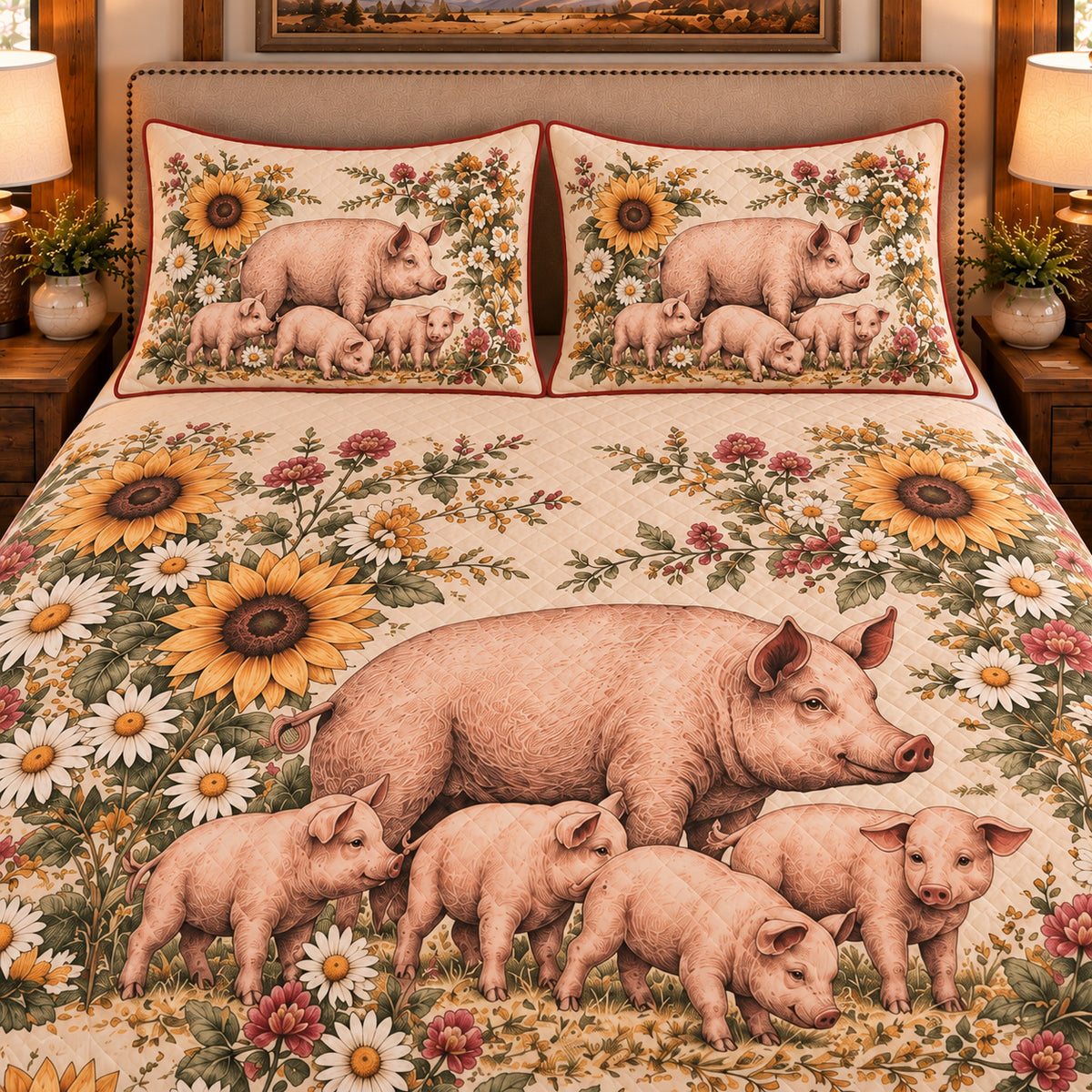 Pig & Piglet Vintage Field Guide quilt set — close-up