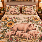 Pig & Piglet Vintage Field Guide quilt set — close-up