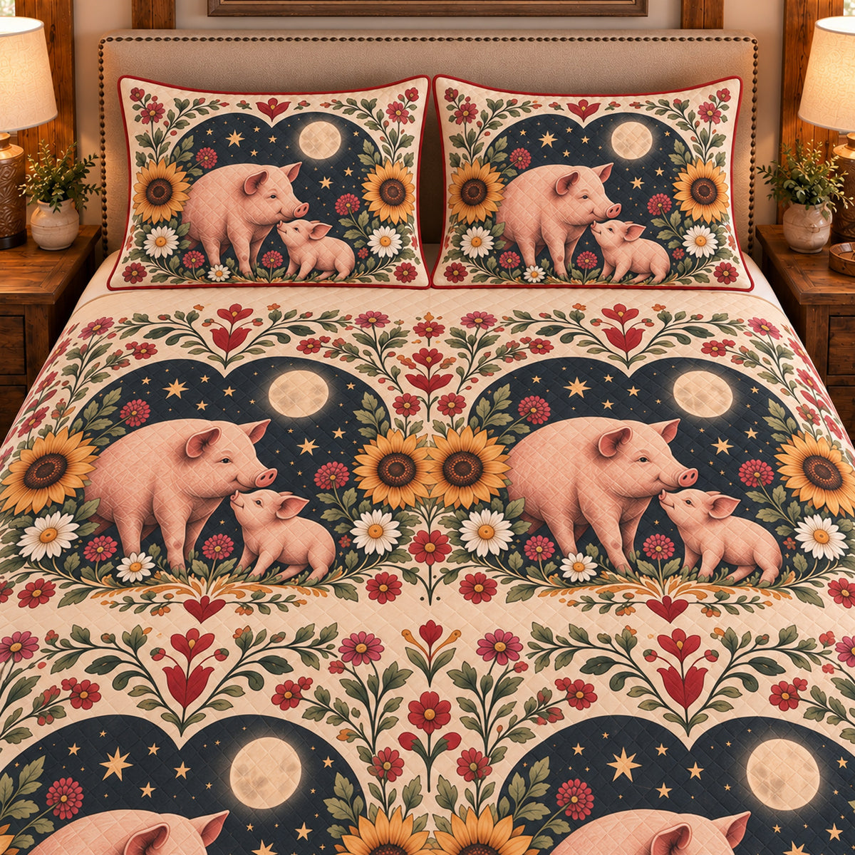 Pig & Piglet Moonlit Folk Farm quilt set — close-up