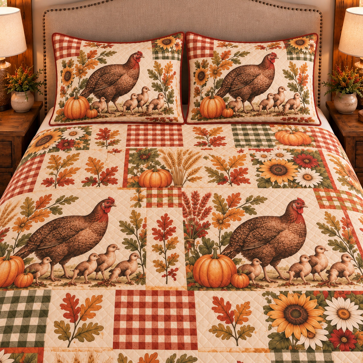 Turkey Farmhouse Patchwork quilt set — close-up