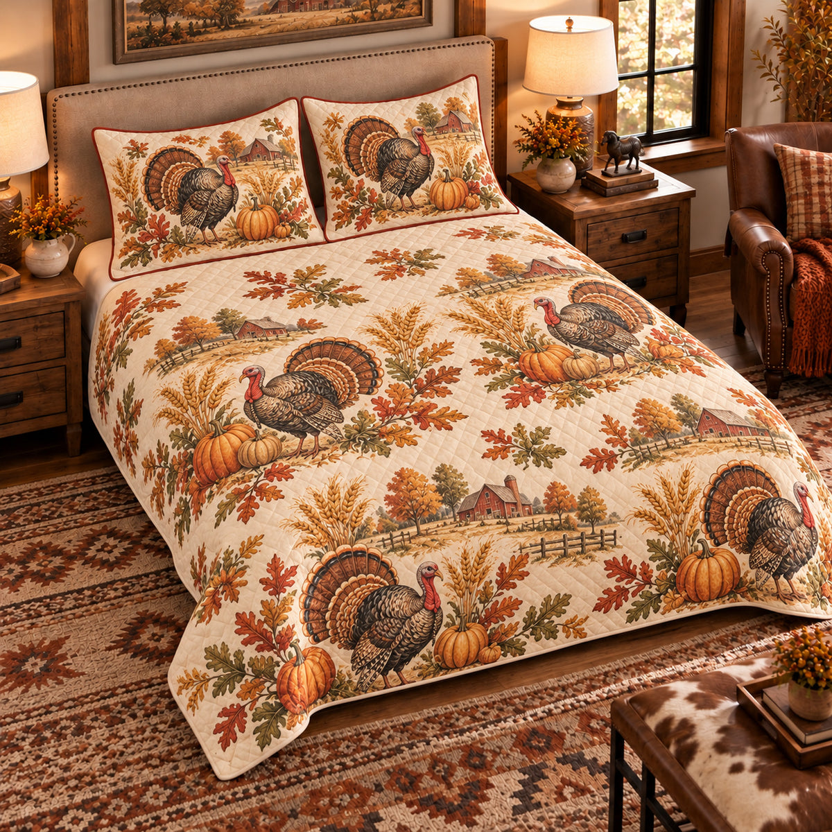Turkey Country Toile quilt set — left-angle hero