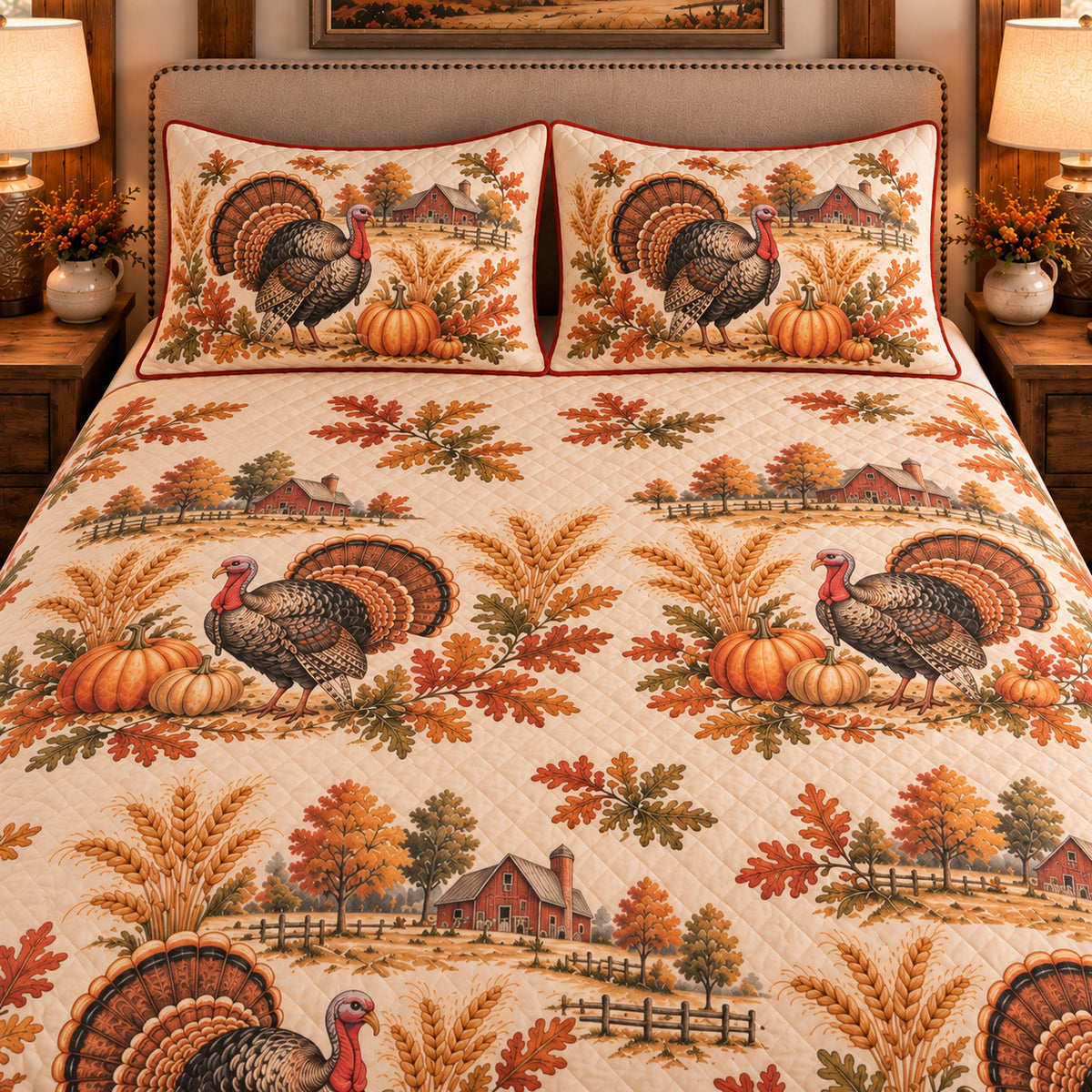 Turkey Country Toile quilt set — close-up