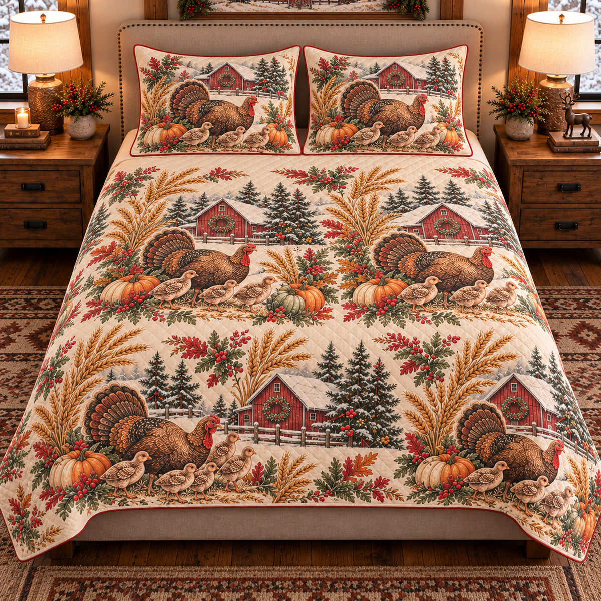 Turkey Christmas Farm quilt set — front view