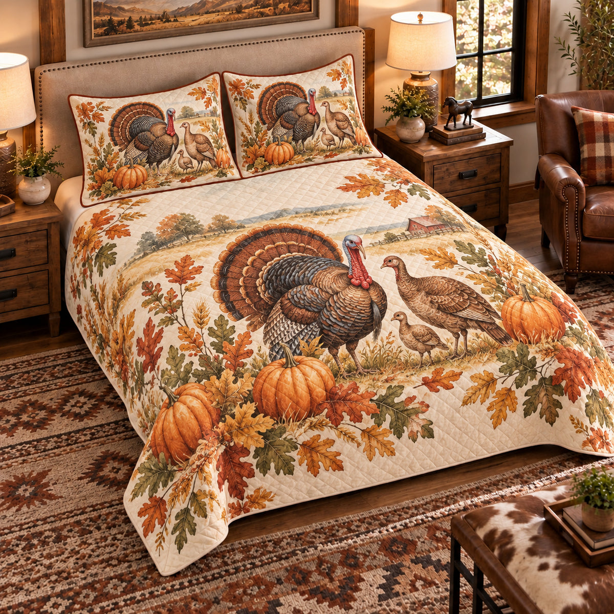 Turkey Nursery Storybook quilt set — left-angle hero